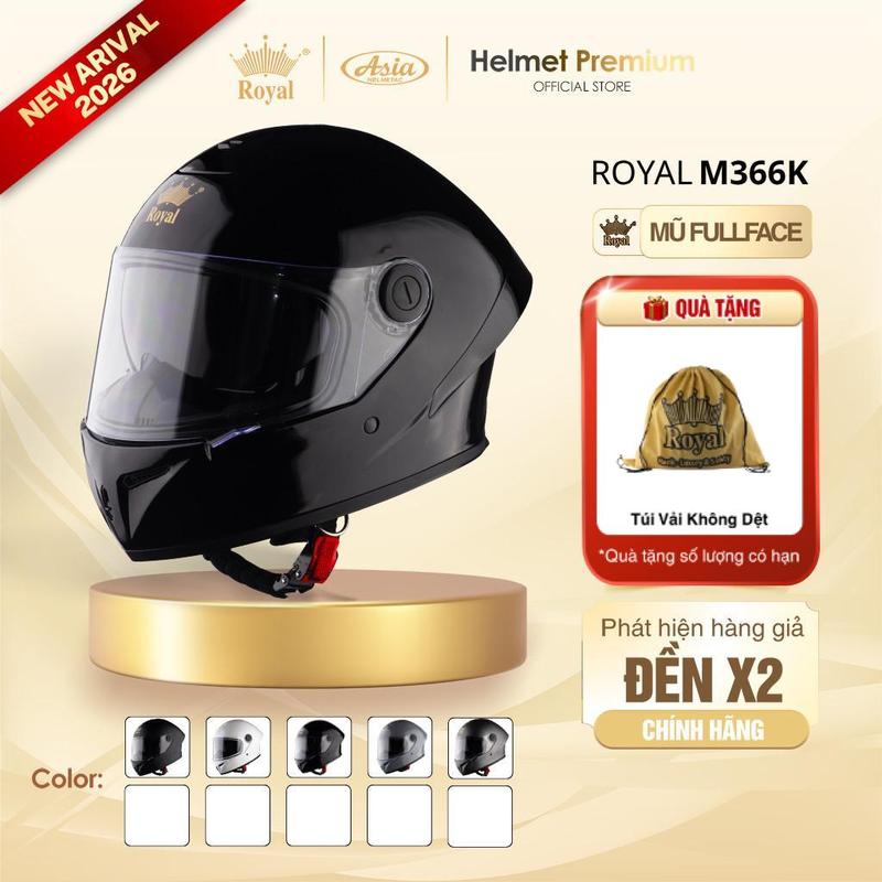 Mũ Bảo Hiểm Fullface Royal M366 2 Kính Đen Mờ, Đen Bóng, Trắng, Xám, Titan chí