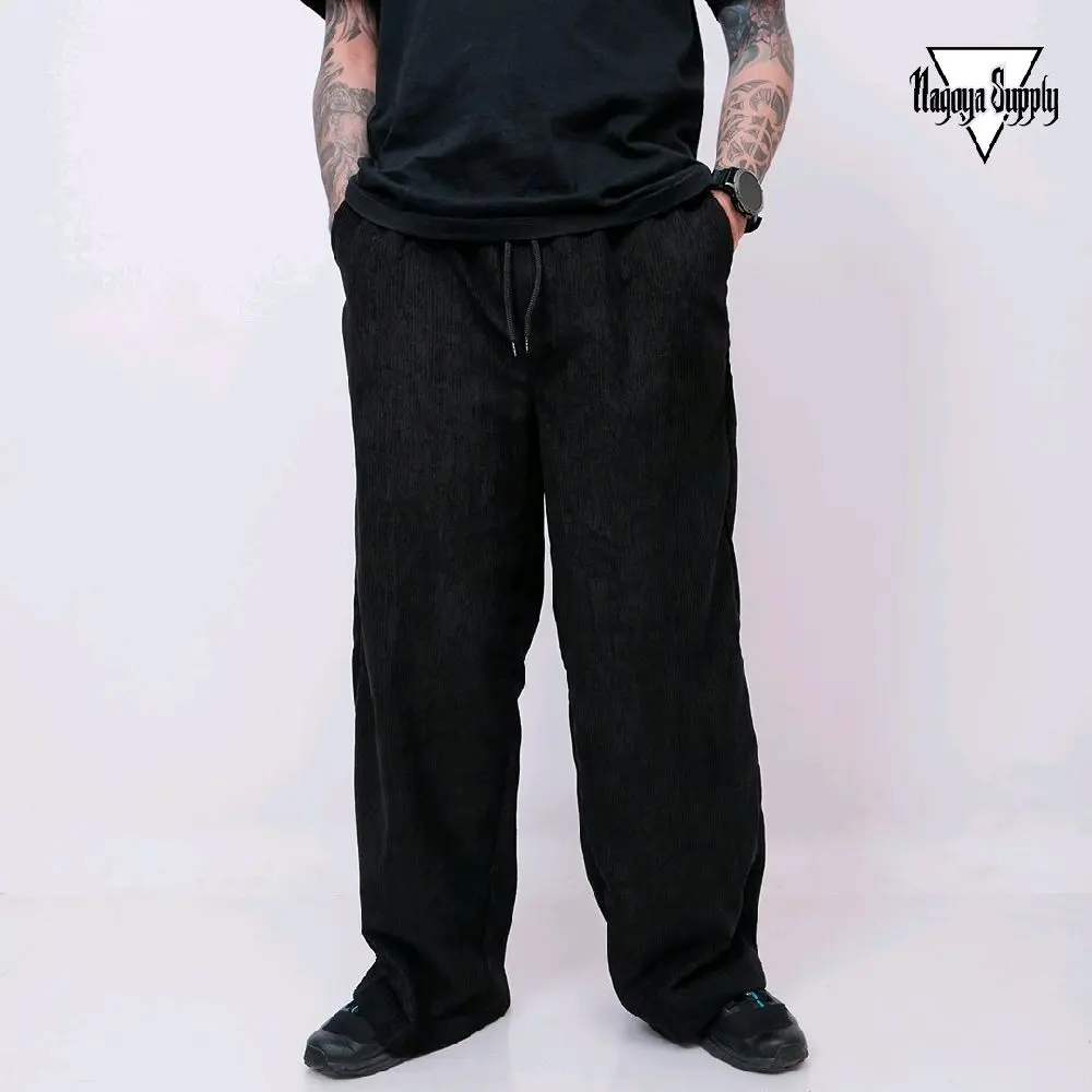 Corduroy Hitam Celana Panjang Skena Distro Nagoya Supply Outfit Cowok Kekinian   Longpant Corduroy Oversize Unisex Pria Wanita ,Simple,Hitam