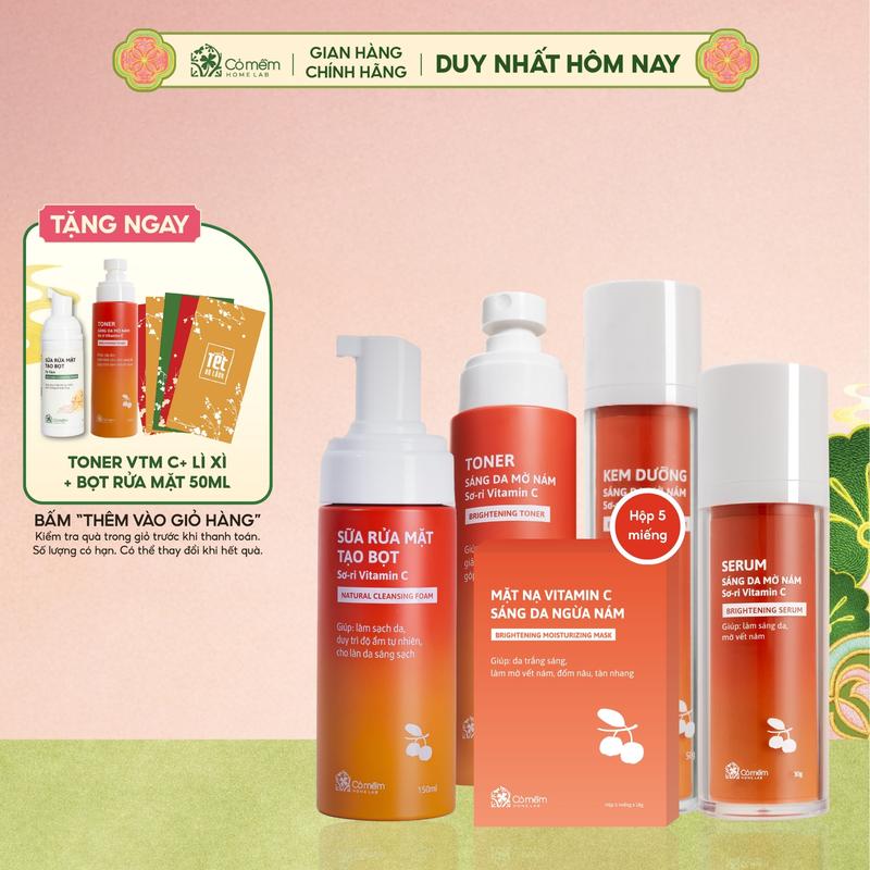   COMBO TẶNG QUÀ MIỄN PHÍ  Trọn Bộ Chăm Sóc Da Sữa Rửa Mặt Toner Serum Kem Dưỡng Vitamin C Ngừa Nám Sáng Da Chiết Xuất Sơ Ri Cỏ Mềm 