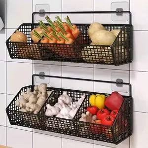 Rak Keranjang Sekat Dinding Dapur, Rak Tempel Gantung 3 Sekat, Rak Keranjang Bumbu Dapur Serbaguna Besi Penyimpanan Wadah Putih Multifungsi Sayuran