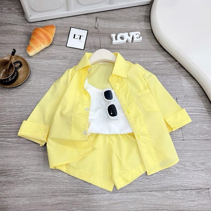 BN197 - Set 3 chi tiết áo sơmi thô hàn- áo thun hai dây - quần thô short xinh xắn cho bé gái diện hè, đi biển(10-30kg) 7
