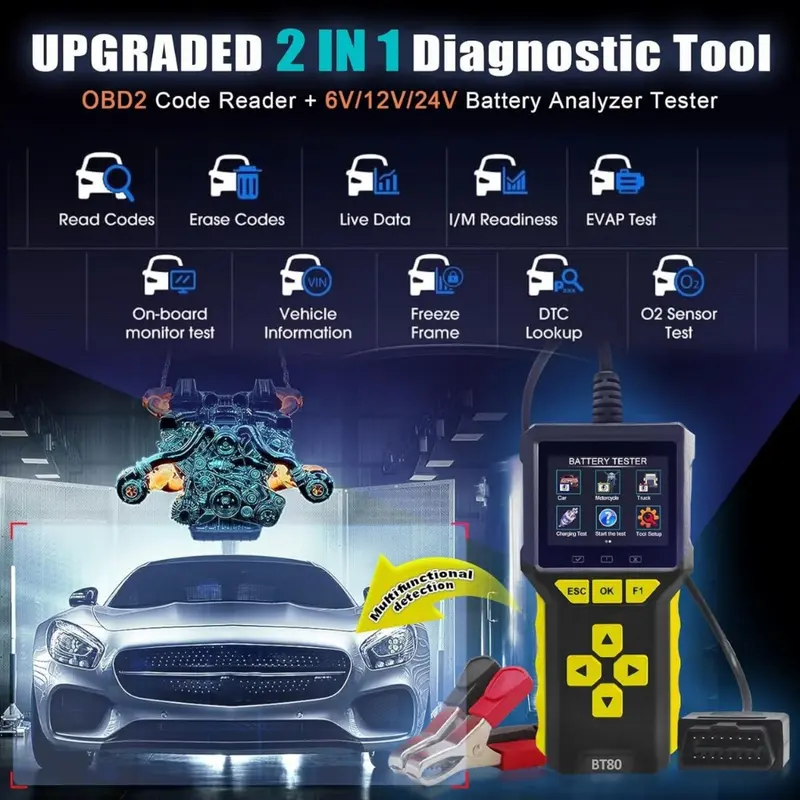 BT80 2 IN 1 OBD2 II Scanner Mobil dan Battery Baterai tester Pembaca Cek Kode Diagnostic OBD 2 BT 80 BT-80 Error Code Check Engine + Aki Test 1
