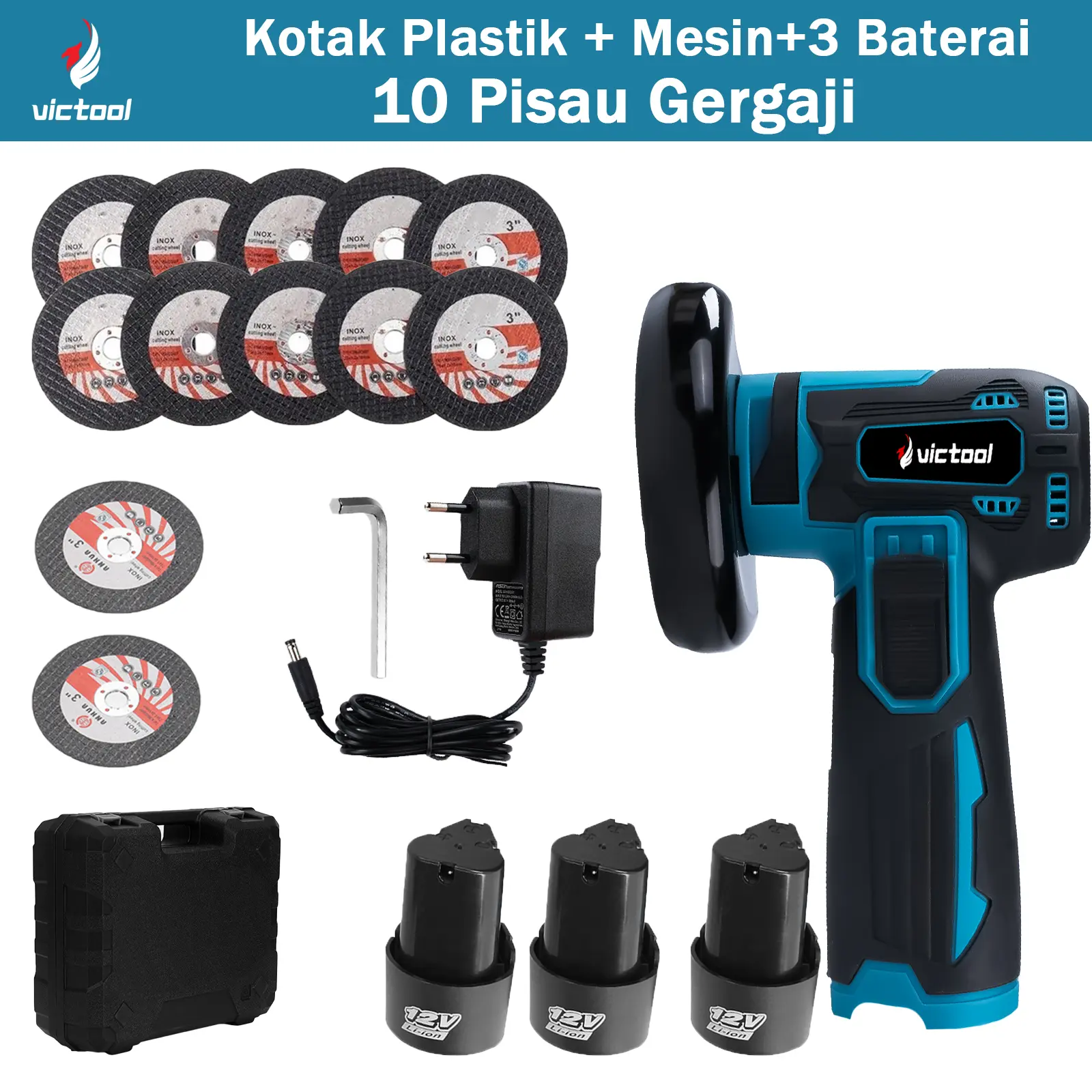 Kotak Plastik+ Mesin + 3 Baterai+ 10 Pisau Gergaj