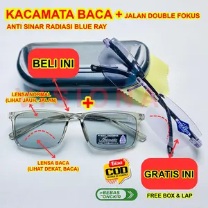[BELI 1 GRATIS 1 MODEL LAIN] Kacamata Baca & Jalan Lensa Plus Bifokal Kryptok Double Fokus Anti Radiasi Blue Ray Frame Kotak Grey Abu-Abu untuk Pria Wanita Orang Tua - ATM3013