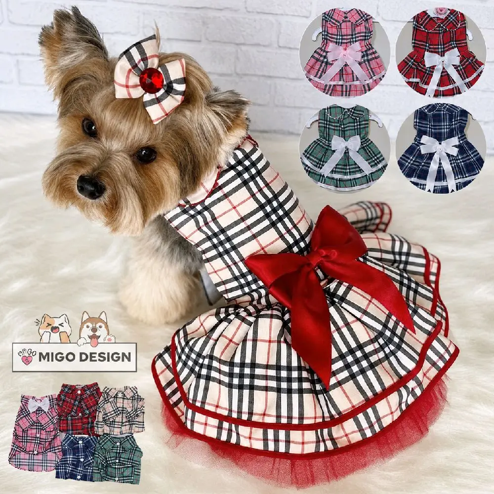 [Migo Design 64] BEST SELLER Baju Couple Dress Kemeja Kucing/ Anjing Kotak BB Pita Rok Susun / Pakaian AnaBul Kucing/  Anjing  Hewan Peliharaan Jantan Betina / Pet Costume Kostum Kasual Pesta