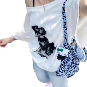 เสื้อแขนสั้นคอไม่สมมาตร, การออกแบบการพิมพ์สุนัขของผู้หญิง, เสื้อยืด Ootd ฤดูร้อนลำลอง, เสื้อเบลาส์หลวมสไตล์, เหมาะสำหรับสวมใส่ทุกวัน, 2347 #