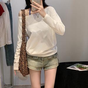 One Shoulder Crop Top, Sexy Collarbone Exposed, Asymmetrical Neckline, Loose Fit Long Sleeve T-Shirt for Early Autumn 7493# Womenswear Basic Casual Fitted Minimalist