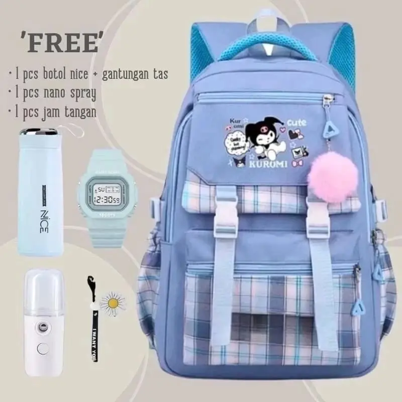 Tas Ransel Anak Perempuan Kuromi Bags Tas Sekolah Free Botol Minuman Nano Spay Jam Tangan Gantungan Lucu BISA COD Fashion Sekolah Wanita Aksesoris 3