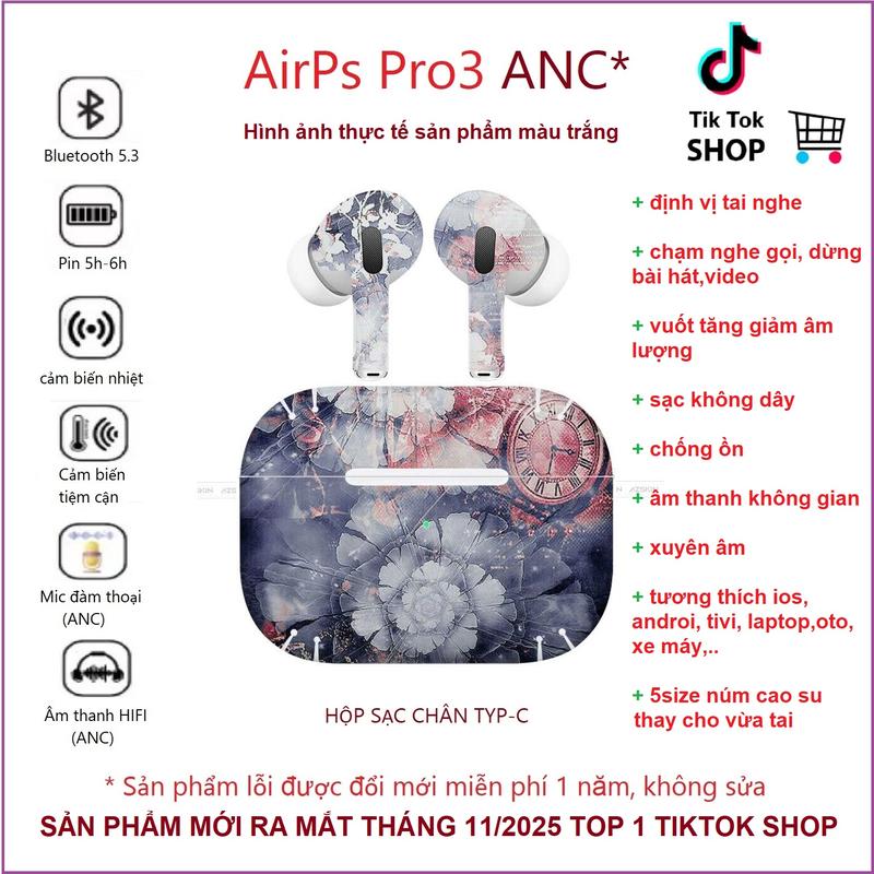 AirPos Pro3ANC ra mắt thág 11 siêu HOT TOP 1 TIKTOK SHOP x5 size núm cao su thay thế âm thanh SIÊU HAY nghe khôg hay thì trả hàg hoàn tiền-Xuyên âm,chống ồn,âm thanh khôg gian định vị tai nghe,full tính năng kết nối ios androi tivi laptop,...
