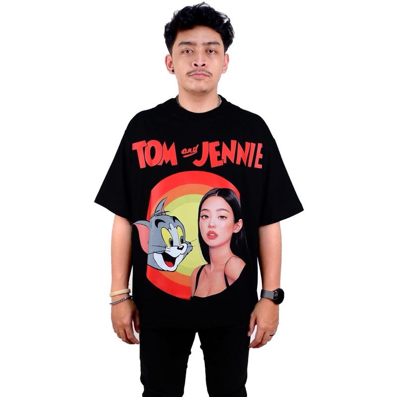 T-Shirt Tom & Jennie Parody - Oversized Model Black Solid Sablon Kaos Hitam Distro Atasan Baju 2