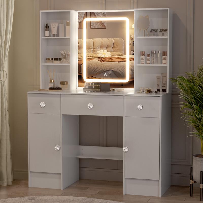 Modern White Dressing Table 3 Drawers Vanity Makeup Desk with Smart LED Mirror & Stool White 2