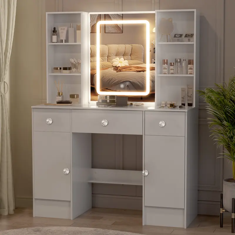 Modern White Dressing Table 3 Drawers Vanity Makeup Desk with Smart LED Mirror & Stool White 2