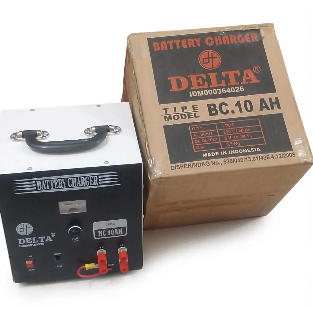 Delta Battery Charger BC 10AH Alat Pengisian Aki 10 Ampere dengan Trafo Tembaga Murni & Kabel Clamp untuk Kutub Positif-Negatif - Besi