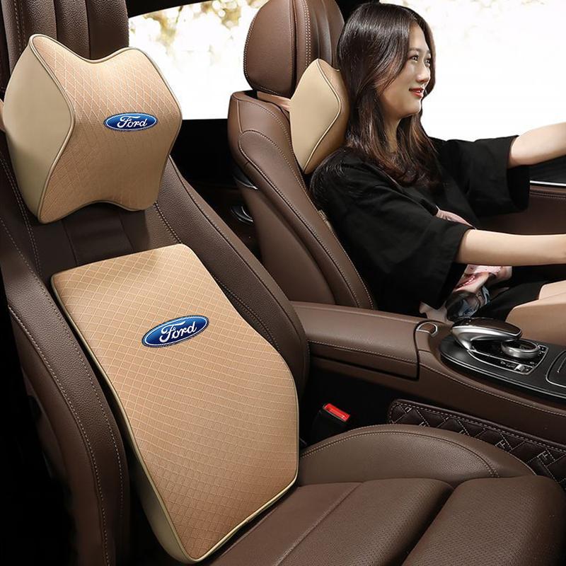 Product Introduction of เหมาะสำหรับ Ford Fiesta Mondeo Ranger Kuga Ecosport Everest Transit Cortina Motors ตาข่ายระบายอากาศ หนัง เมมโมรี่โฟม พนักพิงศีรษะ หมอนพยุงเอวในรถยนต์ Car รถจักร น้ำตาล 7