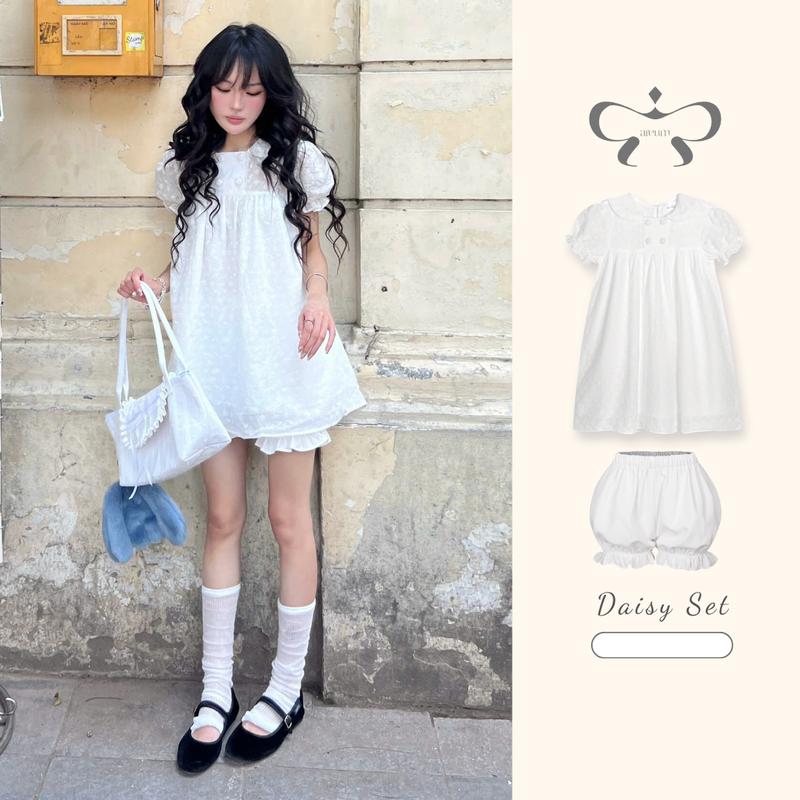 AREUM Set áo babydoll tay phồng DAISY x quần bí MOCHI bo chun