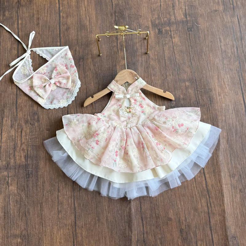 Yếm Váy Công Chúa Cổ Tàu Hồng Nơ Hoa Ngực Kèm Khăn 3-16 Kg,Váy Cho Bé Gái Mặc Mọi Sự Kiện