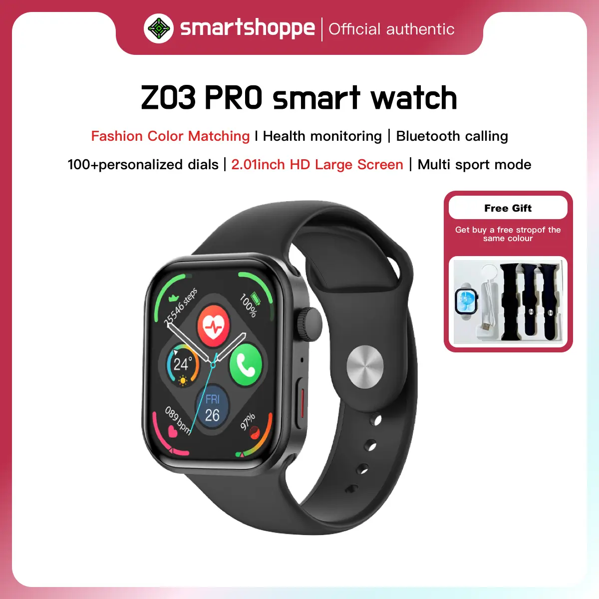 【IFBW87/Get free gifts】Z03 Pro smartwatches Three straps Fashion Color Matching Health monitoring 2.01inch HD Large screen100+personalized dials smartwatches men women Youth Student Watchesfor ios Android  smart Device Wearable Smartphone Wristwatch White