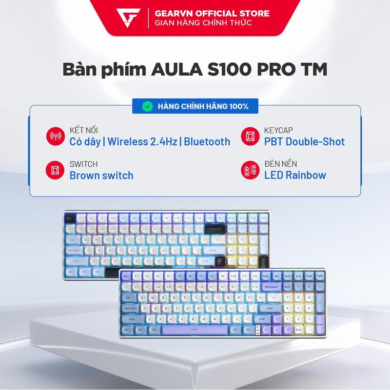  Bàn phím AULA S100 PRO TM - 3 Mode kết nối - Hotswap - Led Rainbow - GEARVN - Bảo hành chính hãng Aula 