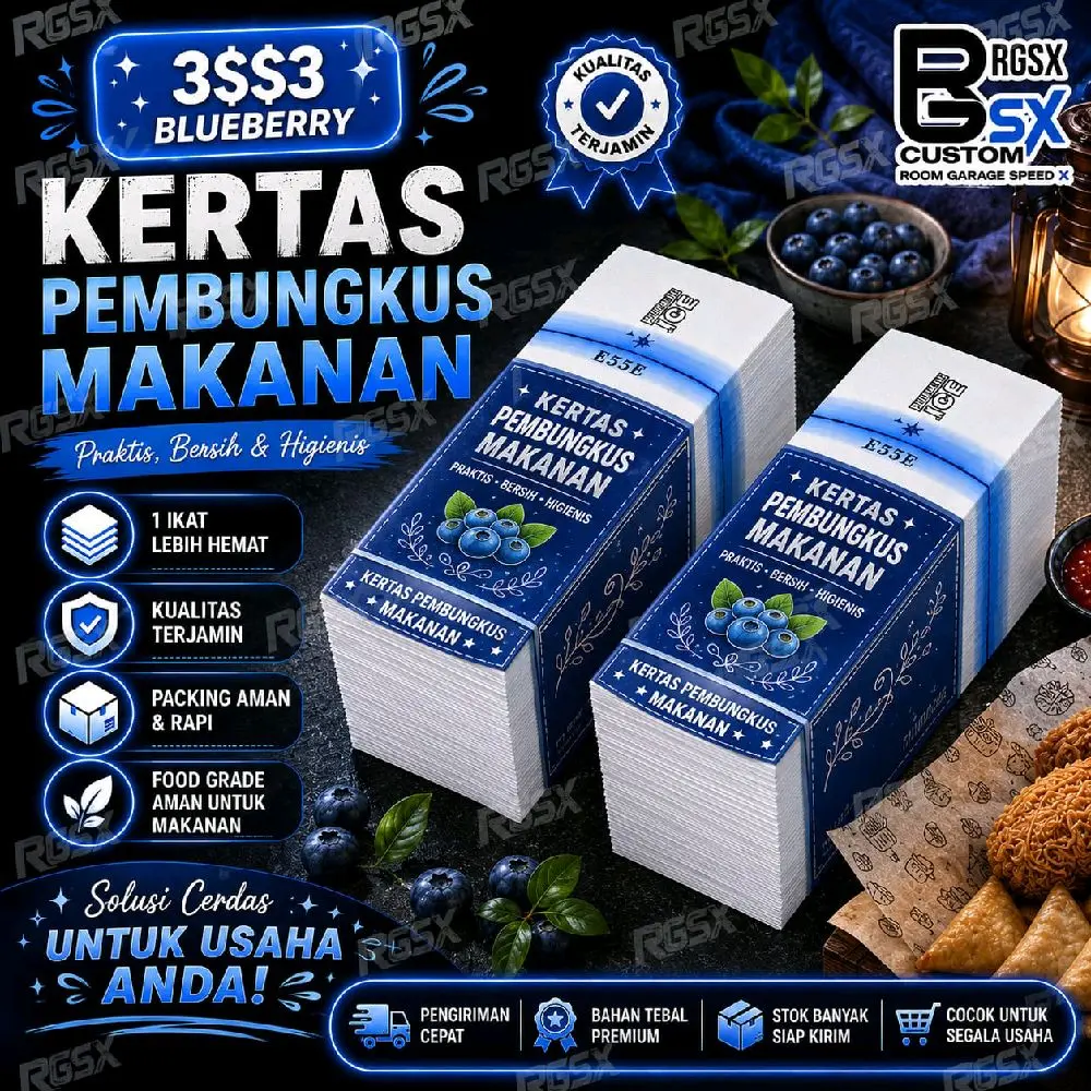 Kertas Pembungkus Makanan Blueberry E55E 1 Ikat – Food Grade, Higienis & Tebal Kertas Bungkus Makanan Motif Blueberry 3$$3 | Food Grade | Cocok untuk UMKM Kuliner Kertas Pembungkus Makanan Premium Blueberry 1 Ikat | Aman untuk Makanan | Packing Rapi