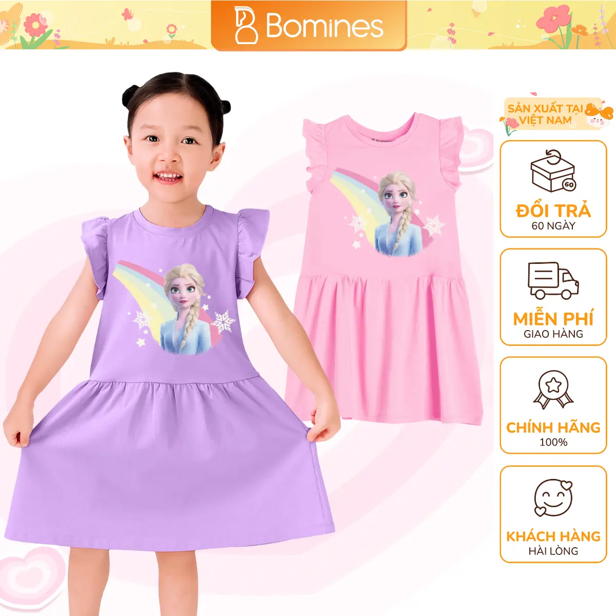 Váy bé gái Elsa cầu vồng BOMINES tay cánh tiên thun co giãn 4 chiều cho bé gái 3-12 tuổi, 12-36kg DTNCANHTIENELSACAUVONG
