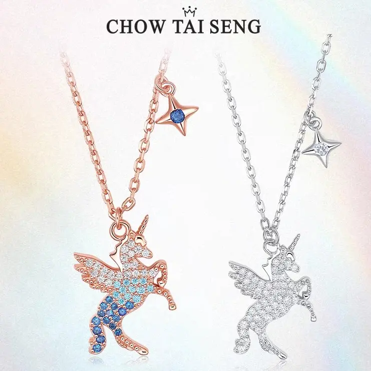 【Chow Tai Seng】S925 Silver Shining Star Unicorn Necklace Earring jewelry set