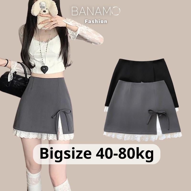 Chân váy nữ BIGSIZE Banamo Fashion váy ngắn chữ A xẻ đính nơ viền ren trắng xinh xắn tiểu thư phong cách Hàn Quốc 5901