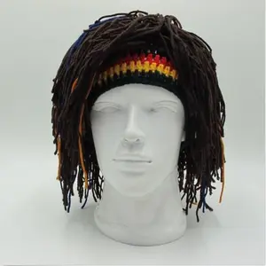 FUY-Topi Wig Mewah Buatan Tangan Topi Beanie Rajut Lucu Topi Wig Rasta Bob dengan Rambut Gimbal
