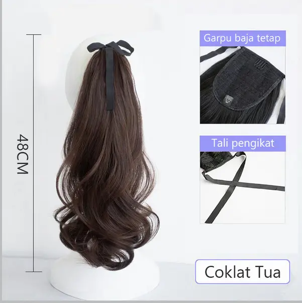 Aksesoris Hair Clip Hairclip Wig Wik Ponytail Korean 38cm 48cm 58 cm Rambut Palsu Sambung Warna Anak Perempuan Wanita Curly Cokelat Muda Cokelat Tua Hitam Black Extension 5