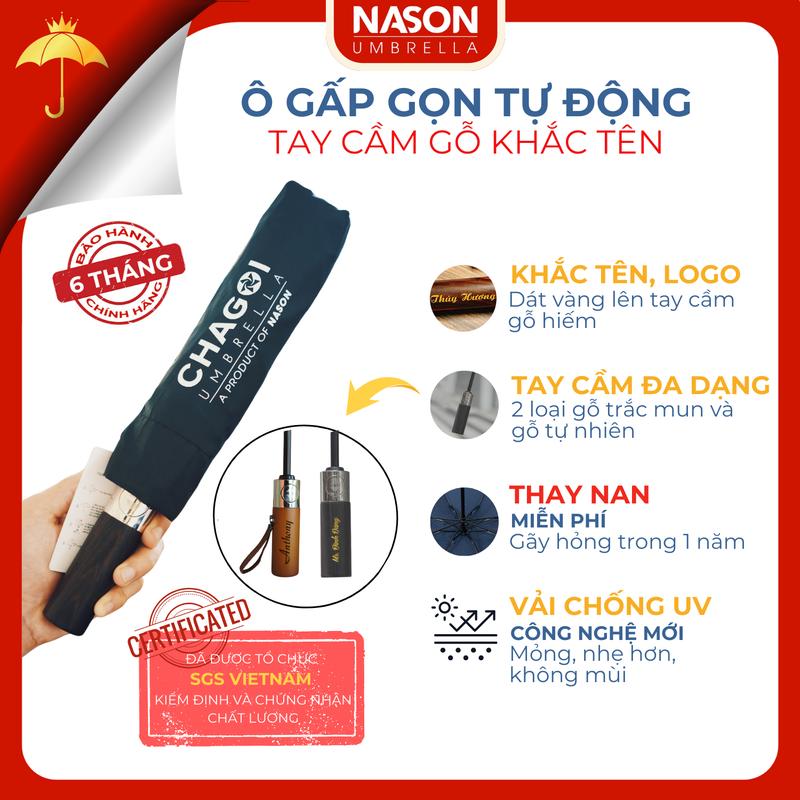 Ô dù tự động gấp gọn chống nắng chống mưa cao cấp Nason Umbrella Chagoi cán gỗ hiếm, khắc tên, logo dát vàng, dù gấp gọn che nắng che mưa chống tia UV
