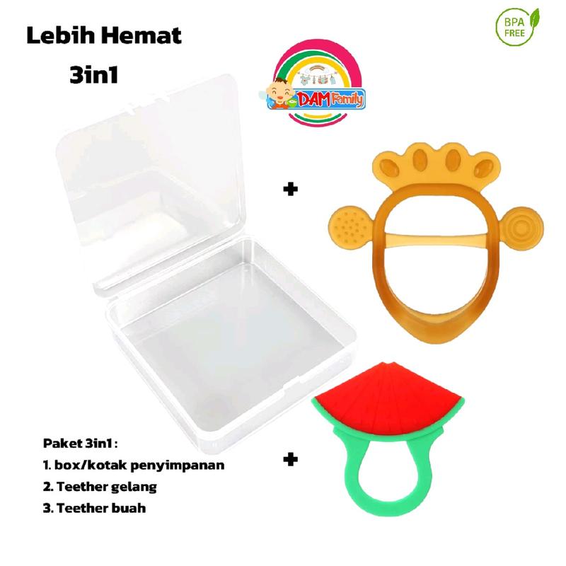 Paket Hemat 3in1 Teether + Box Teether Gigitan Bayi Bahan Silikon Teether Model Gelang Buah Mainan Bayi BPA Free 0