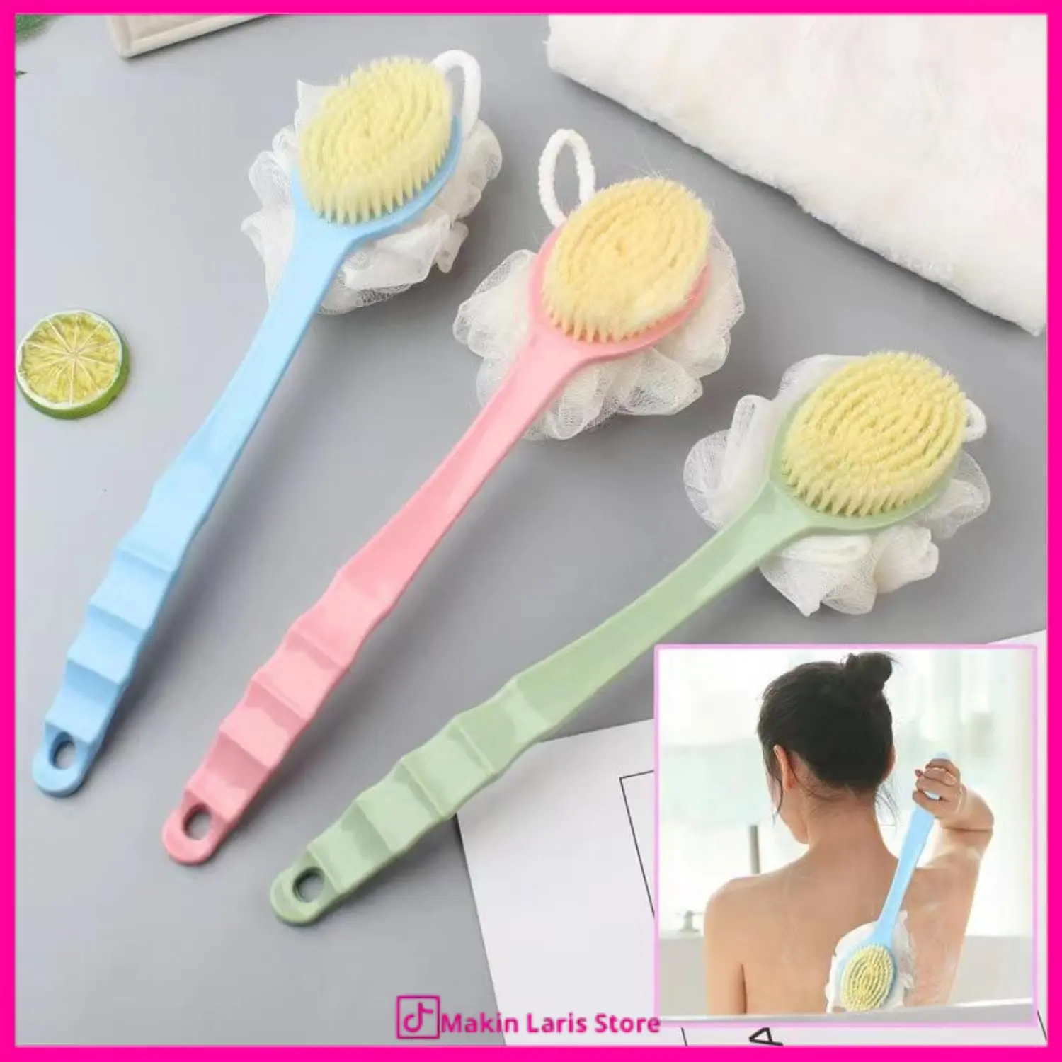 MLS - Sikat Mandi 2 in 1 Spons Lembut & Bulu Lembut Gagang Panjang Shower Puff + Sikat Gosok Punggung Dua Sisi Penghilang Daki