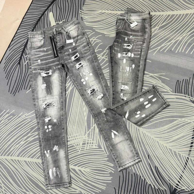 Quần jean nam Màu xám 4 cúc vá da chất jean bò co dãn nhẹ phối loang xanh trắng Menswear Có Túi