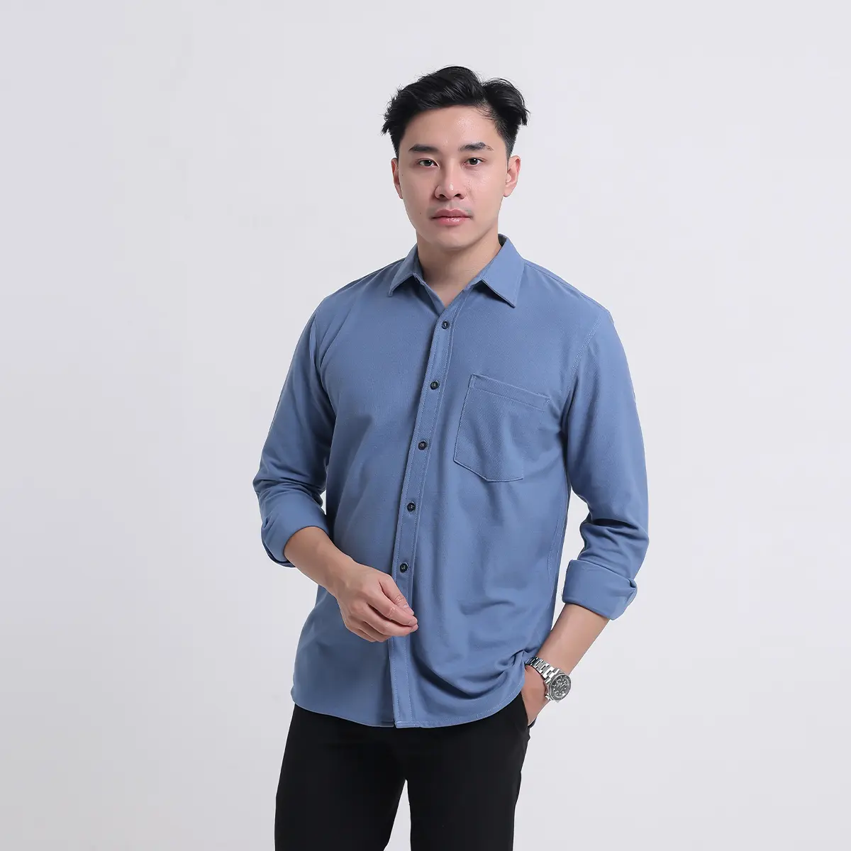 Kemeja Katun Polos Pria Lengan Panjang DYD Pique Biru Tua Steel Blue Otaco Baju Casual Kerja Kerah Formal Basic Kantor Hem Cowok