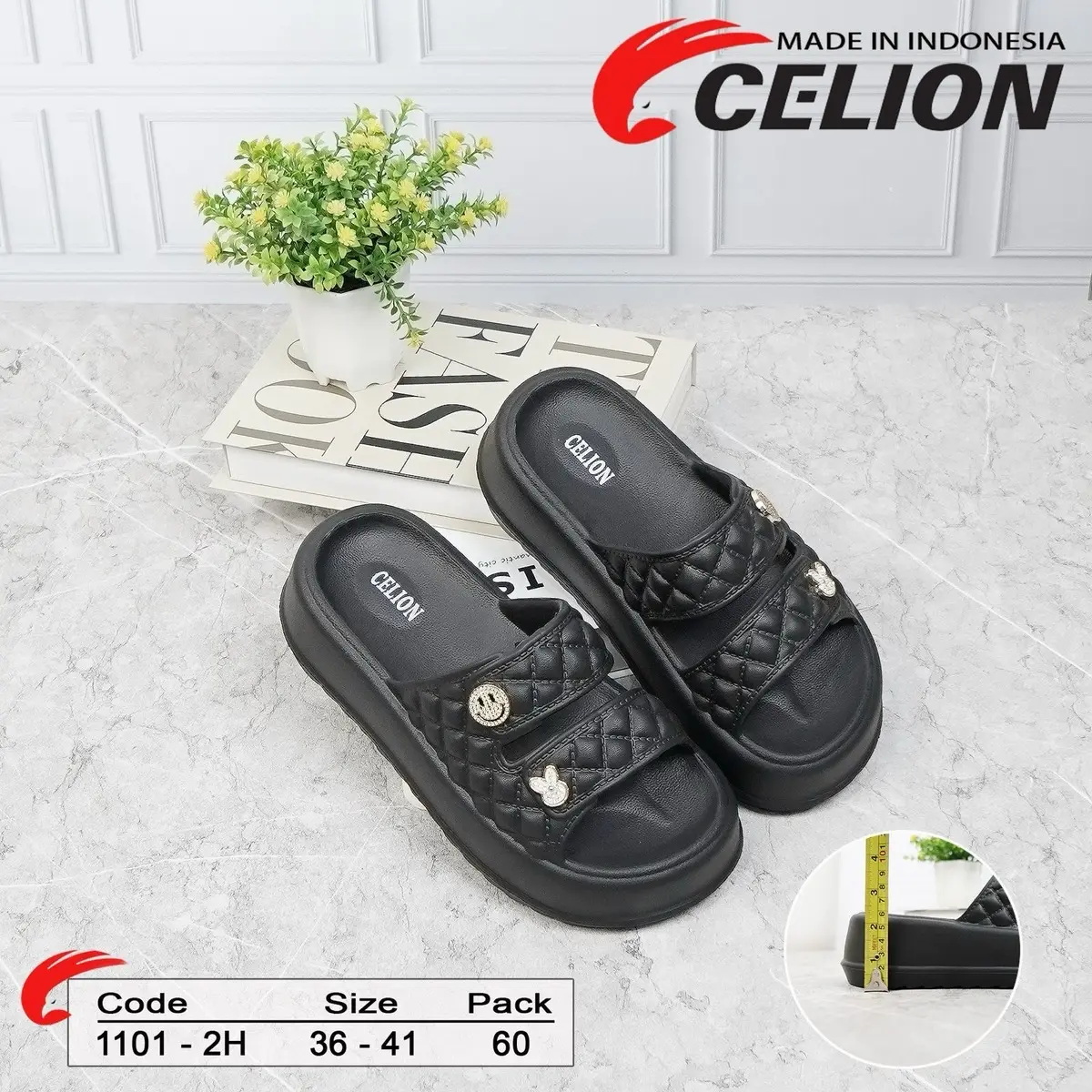 CELION Sendal Wanita CELION Slip on Ban 2 Jibitz Kekinian Pilih Lokal 1101-2H - EVA