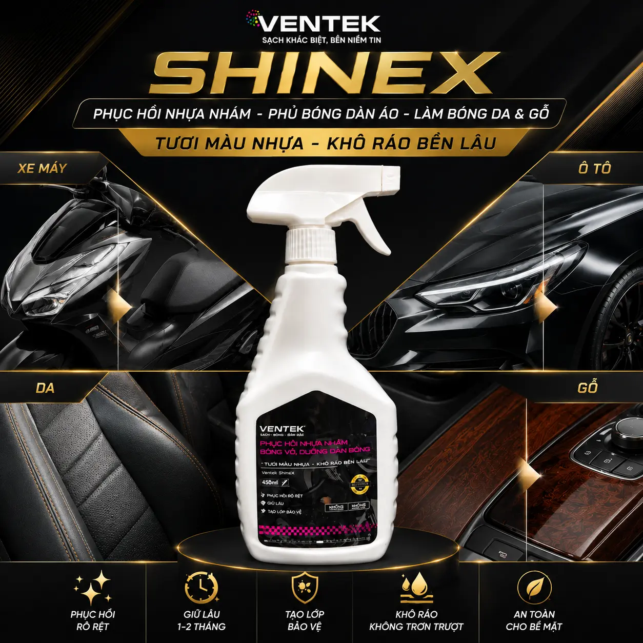 Chai Xịt Phục Hồi Phủ Bóng Nhựa Nhám & Dàn Áo VENTEK 450ml - PHỤC HỒI RÕ RỆT - GIỮ LÂU - TẠO LỚP BẢO VỆ