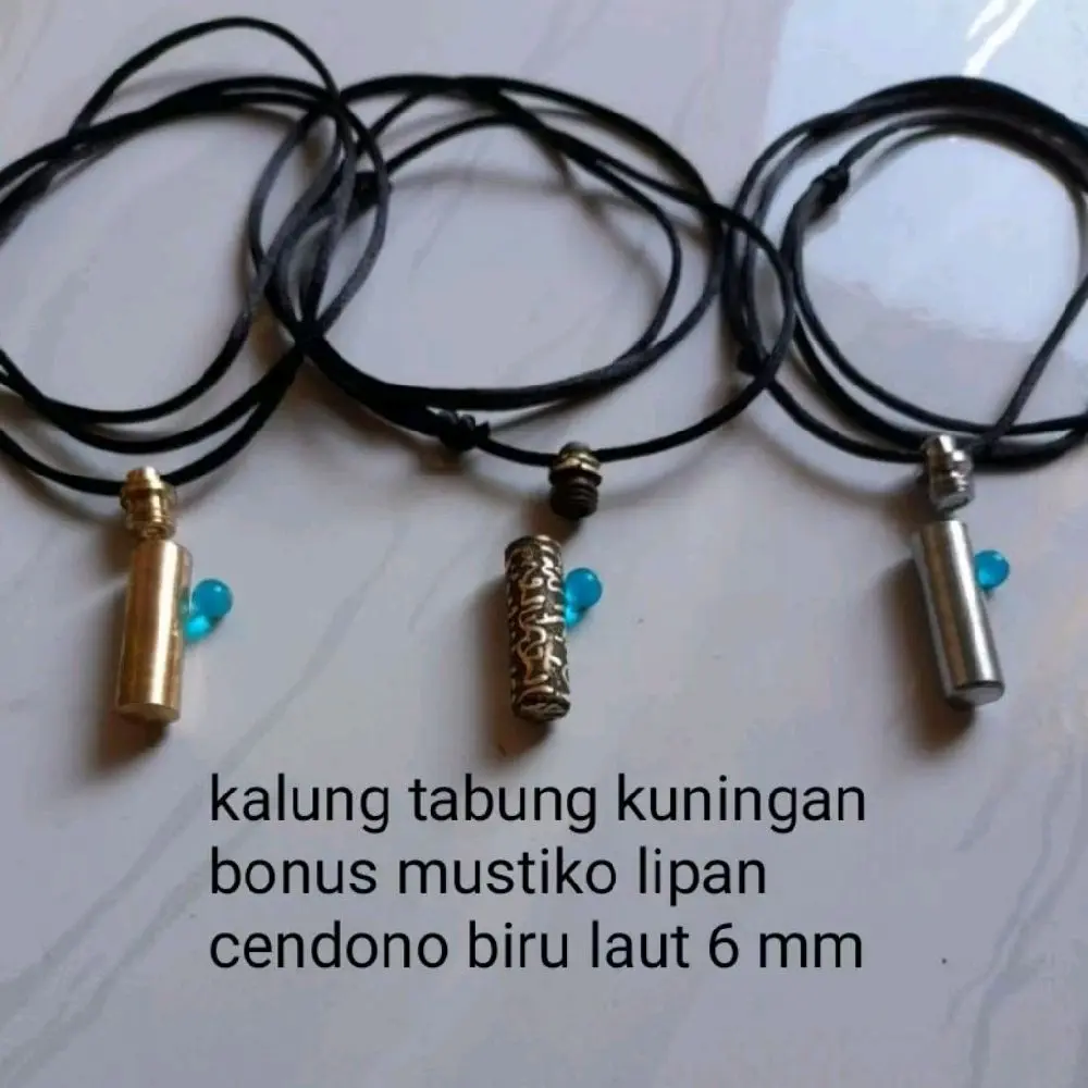 kalung pendant tabung kuningan bonus 1 batu akik biru laut bulat