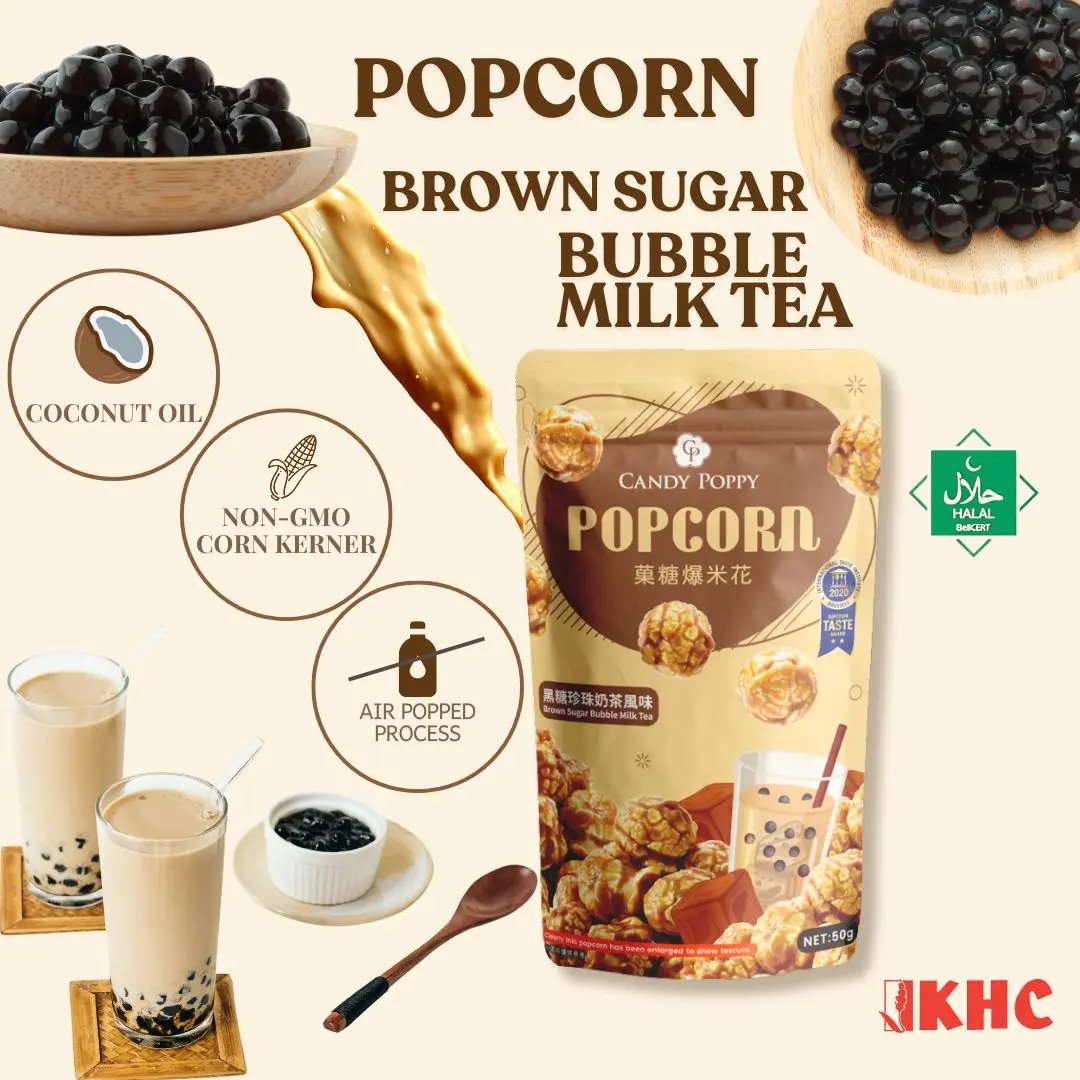 Candy Poppy |  Coated Popcorn | Brown Sugar Bubble Milk Tea | Popcorn 50g | Halal