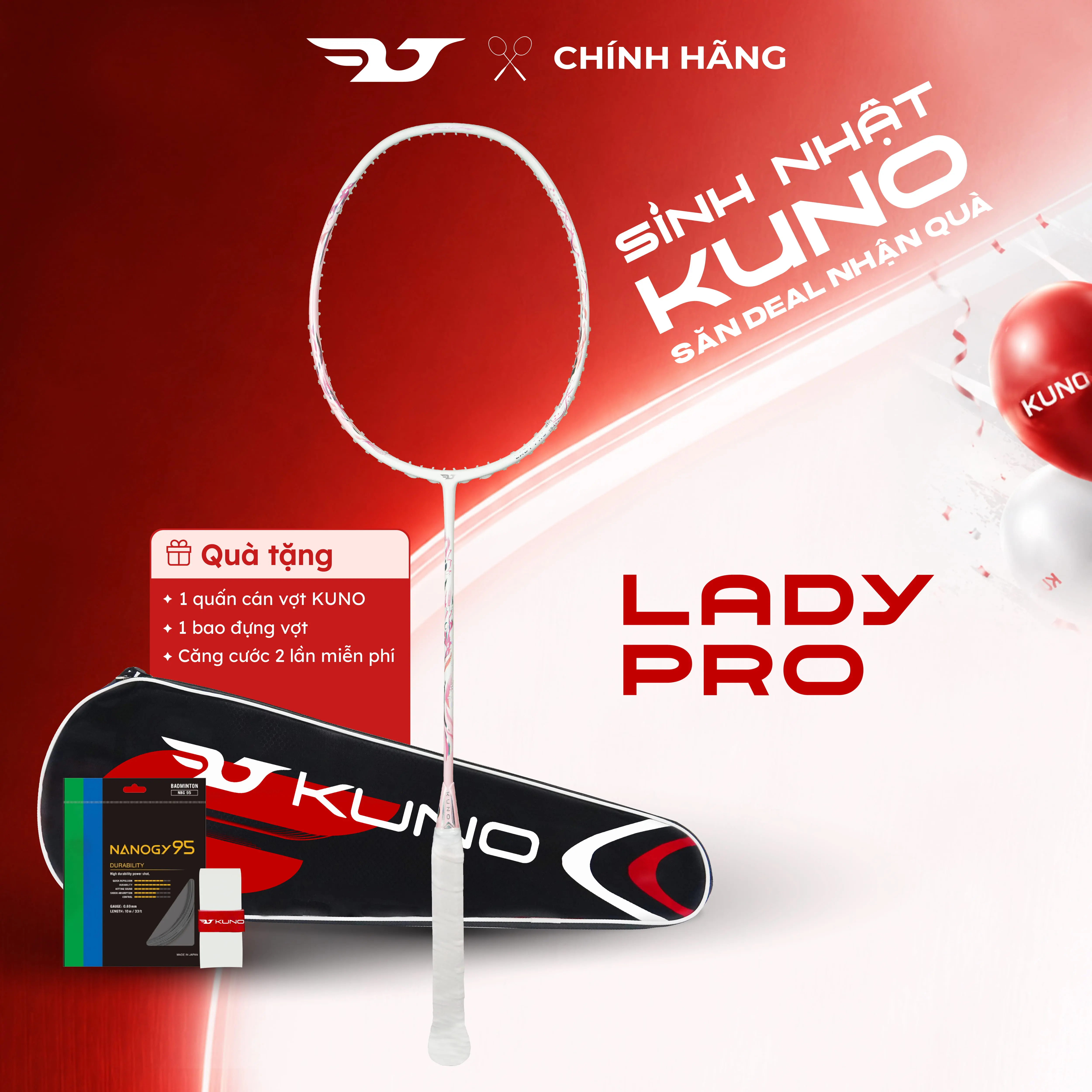 Vợt Cầu Lông KUNO LadyPro Chính Hãng, Siêu Nhẹ 6U, Full Carbon Cao Cấp, Dễ Chơi, Công Thủ Toàn Diện Căng Sẵn 10.5kg