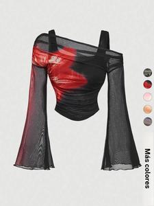 Camiseta de mujer de manga larga, diseño asimétrico en el hombro, ajuste entallado, top casual, moda otoño e invierno, tela de grosor moderado, cómoda de llevar