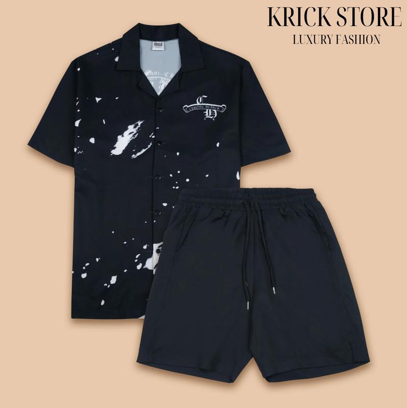  Bộ quần áo nam sơ mi lụa cổ vest tay ngắn & quần short lưng thun co dãn streetwear họa tiết LOANG MỰC KRICK set do 