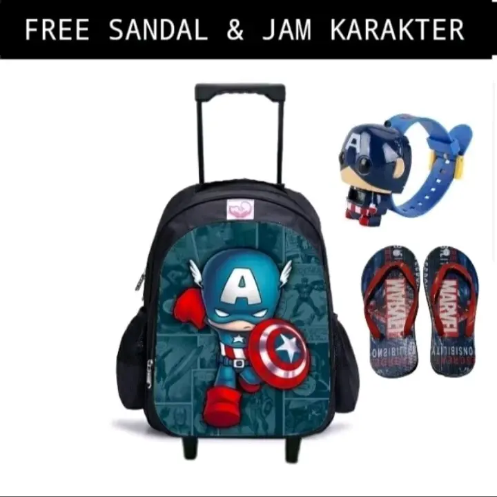 COD/ Paket Hemat 3in1 Tas Ransel Troli Anak Laki-laki/Ransel Troly Superhero Free Jam Tangan Dan Sandal spon 0