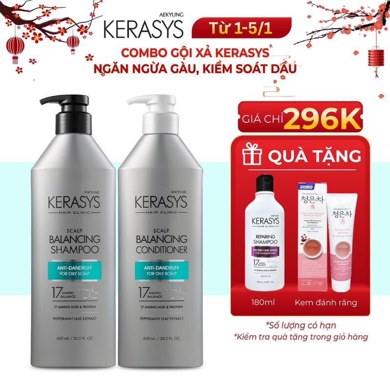 Cặp dầu gội xả Kerasys Scalp Balancing Hàn Quốc kiềm dầu ngăn ngừa gàu 600ml bất kỳ kiểm soát dầu bất kỳ chống gàu Nữ dầu gội kerasys hồng