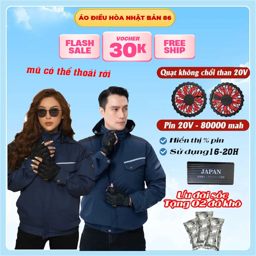 Áo Điều Hòa Đầy Đủ Phụ Kiện( CÓ MŨ ). Pin 98000 MaH-25V Tặng Kèm Túi Đá Làm Mát Cơ Thể Tối Đa