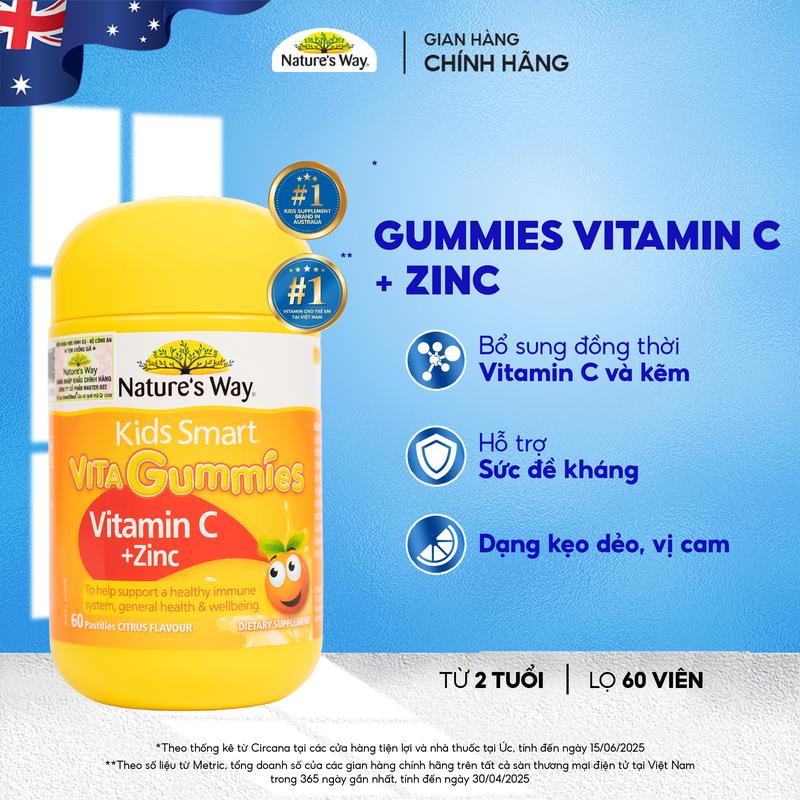  Kẹo Dẻo Nature’s Way Kids Smart Vita Gummies Vitamin C + ZinC – Bổ Sung Kẽm Và Vitamin C Hỗ Trợ Tăng Cường Sức Đề Kháng Cho Trẻ - Hộp 60 Viên 