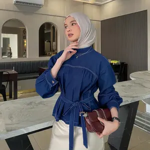 Pola Wear Farra Blouse Denim Wanita Korean Style Atasan Jeans Casual Modis Ikat Pinggang live kemeja