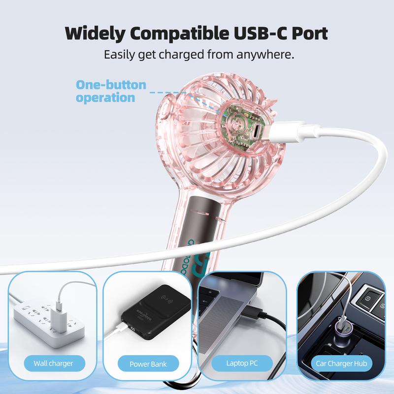 Product Introduction of GOOJODOQ 360° Rotation Transparent Mini Handheld Fan | 1200 mAH Battery | Ambient Light with 3 Speed Rechargeable Portable USB Mini Cooling Kipas Kecil | Green Purple White Pink | Suitable for Camping Bedroom Baby Classroom Kelas Kerja Office 20