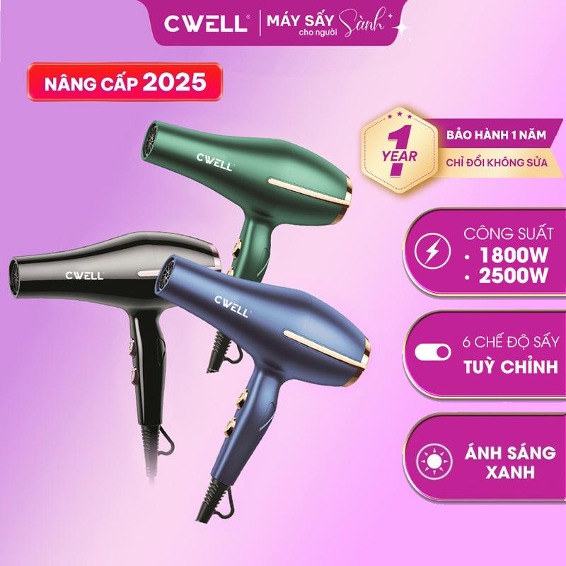 Máy sấy tóc CWell công suất lớn 1800W-2500W, thiết kế 6 chế độ sấy KÉP, ánh sáng xanh giảm khô xơ tóc, dùng tại nhà và cho Salon tóc cho nam & nữ - C03HD Women - BH 12 THÁNG