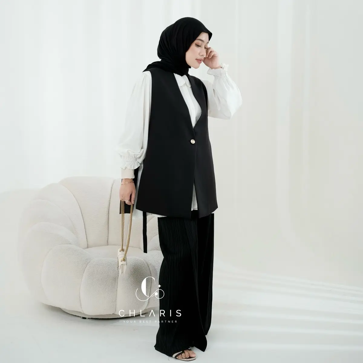 Butikchlaris Mine Vest Rompi Outer Atasan Wanita Sleeveless Hitam Panjang Basic Casual