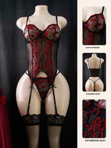 Conjunto de lencería sexy para mujer con ribete de encaje y estampado de rosas, incluye sujetador, tanga y 2 medias, perfecto para noches románticas y regalos