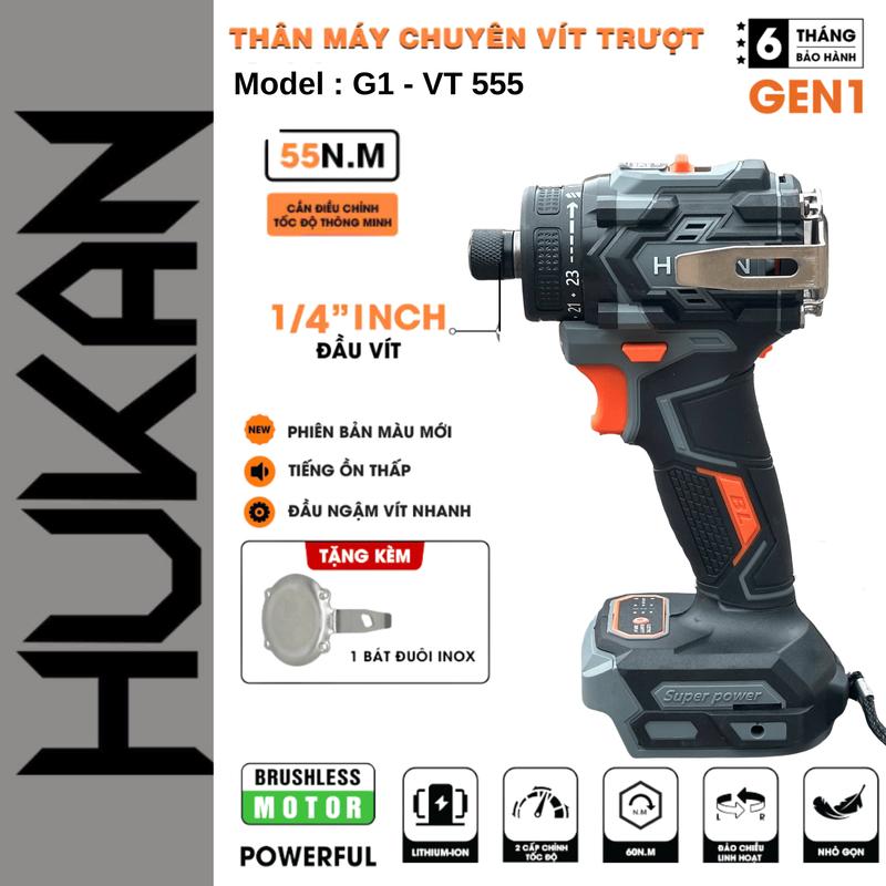 Máy Chuyên Vít Hukan HM21 - G1-VT 555 Không Chổi Than Lực Siết 55N.m Chân Pin Phổ Thông Chính Hãng Hukan